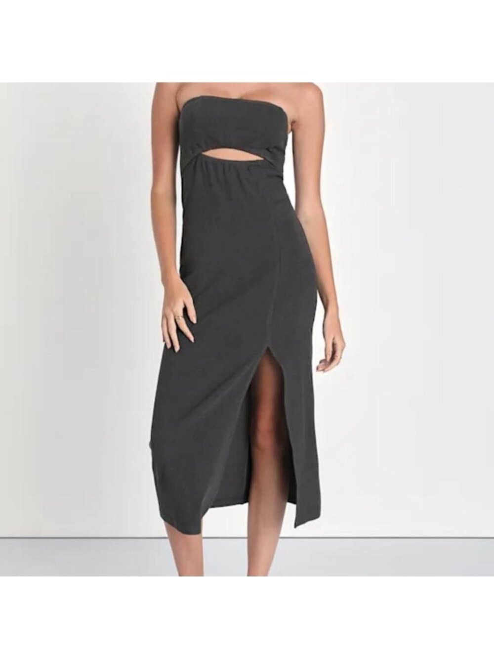 Grey strapless midi dress with cut out detail.  #sexy #beach #summer #vacation